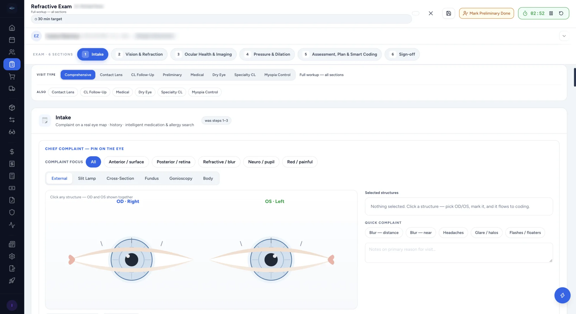 EyeGoal Refractive Exam, Intake section: visit type, chief complaint, and a two-eye map to pin findings on